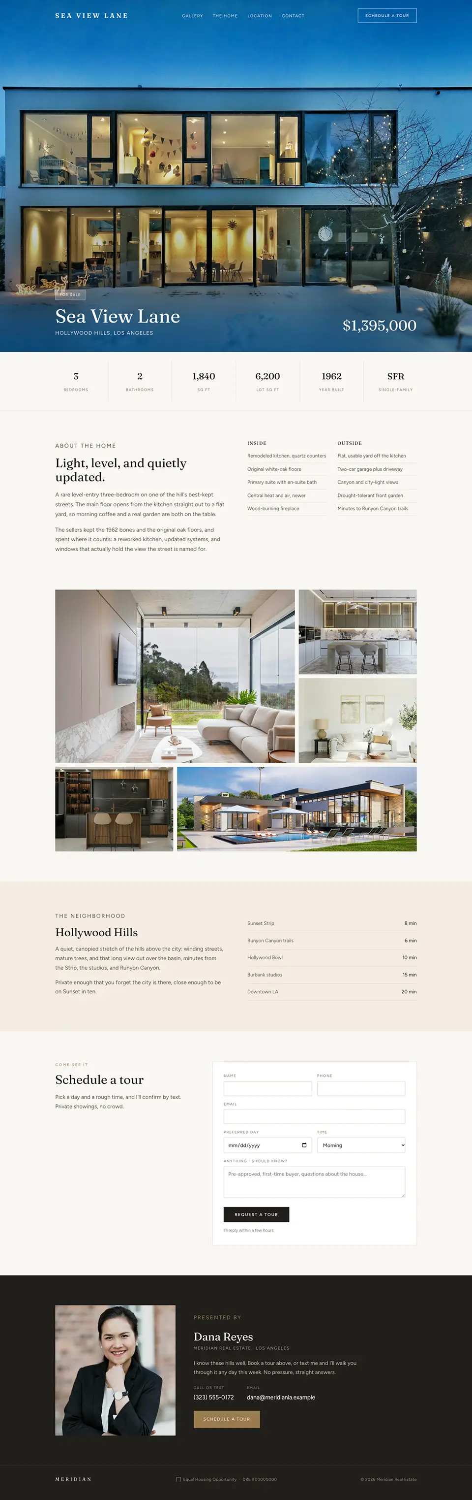 Sample real estate website for a house for sale, with the price and a tour request form
