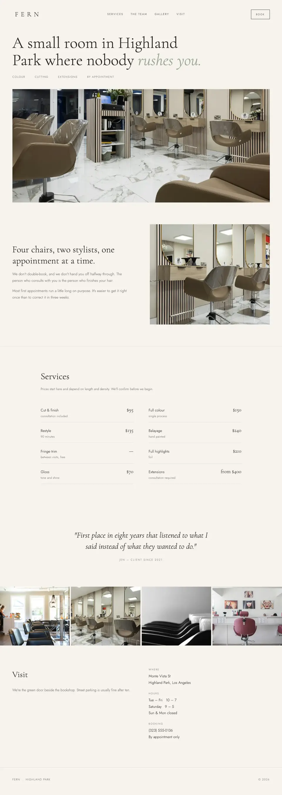 Sample website for a hair salon, with services and booking up top