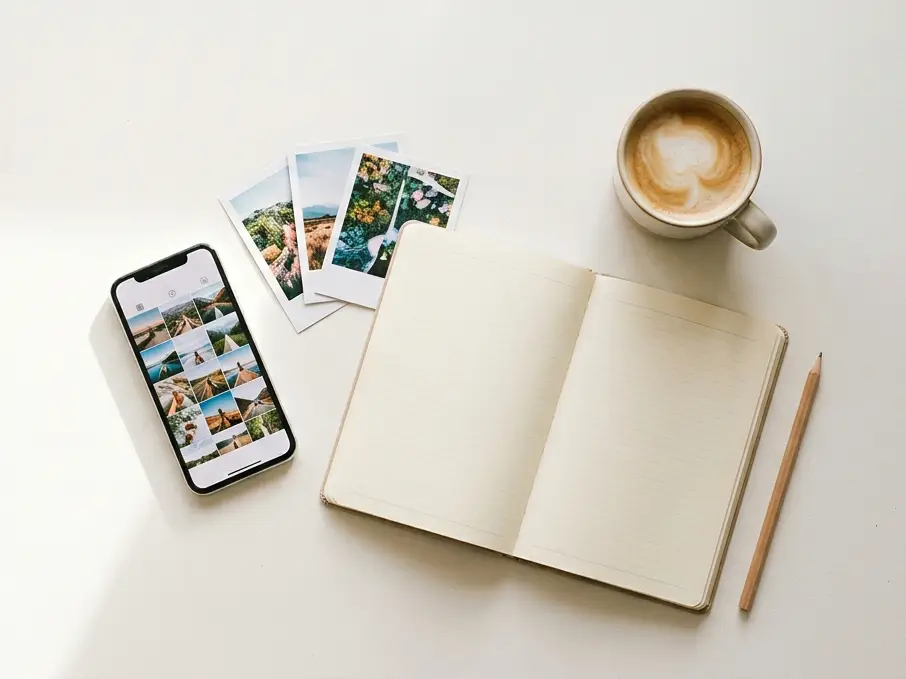 A phone, printed photos and a notebook on a table